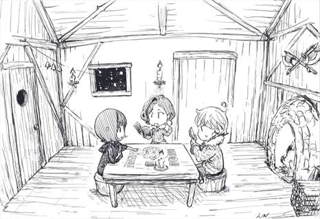 豪雪地帯に入った三戦士は避難小屋の中で雪の夜を過ごす。 - the Sword of KISHI MIEKO -